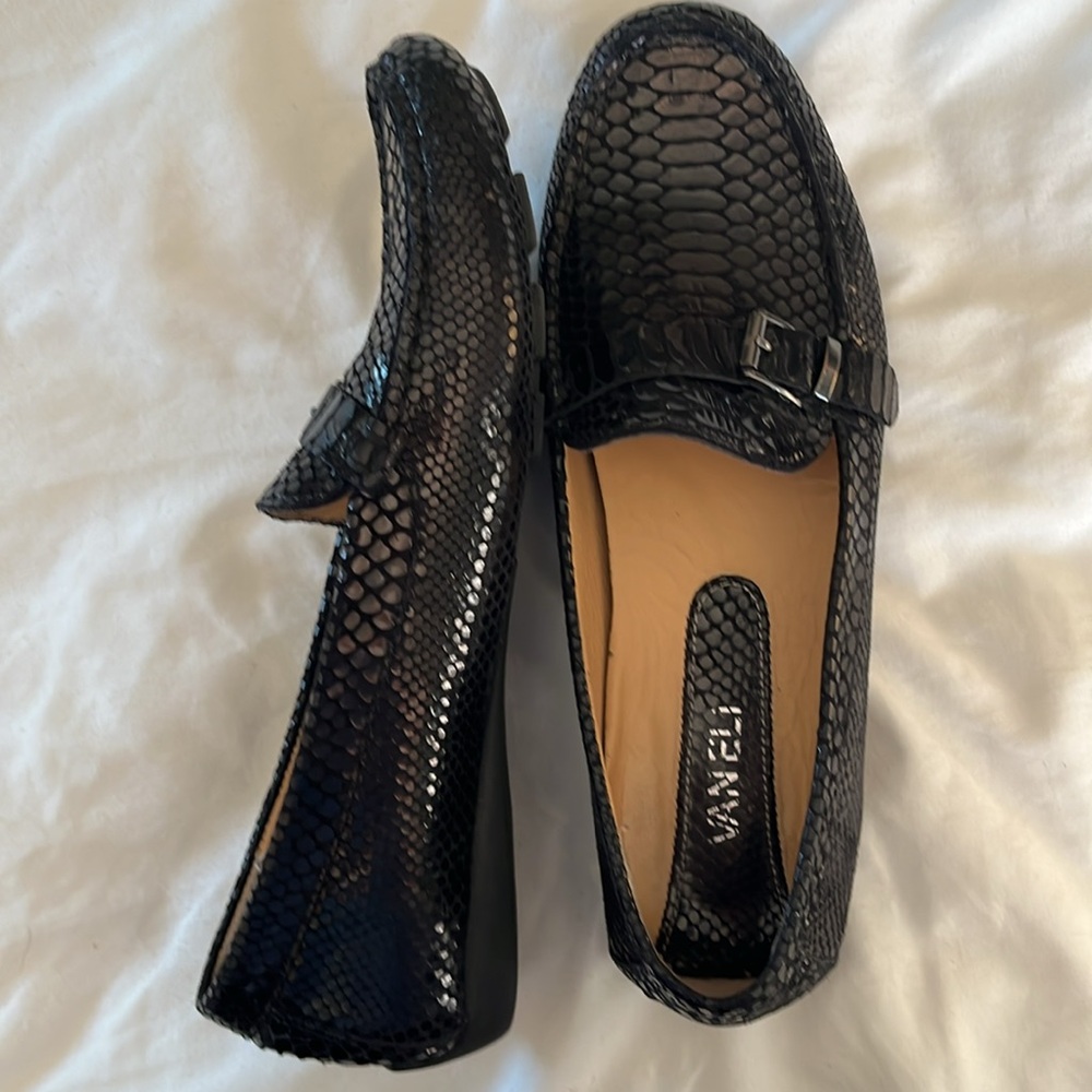 VANELI snake skin reptile black driving moccasin shoe strap buckle rubber 8.5